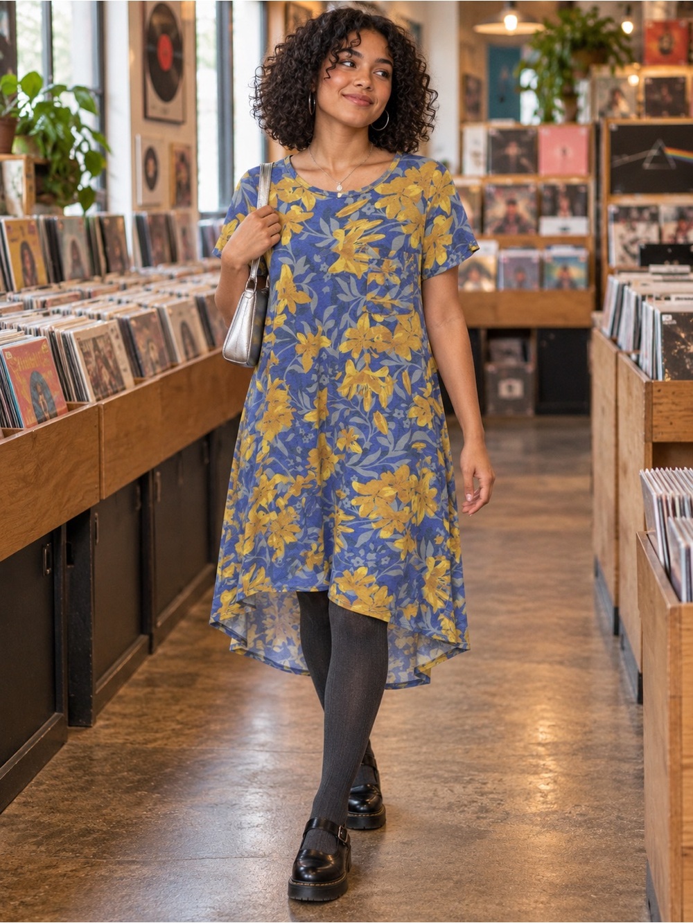 Blue Floral High-Low Midi Dress with Yellow Bloom Print